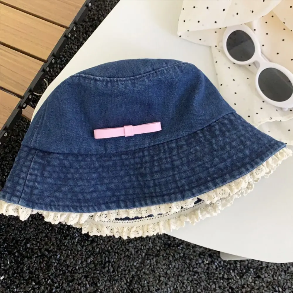 

Fashion Big Brimmed Denim Bucket Hat Y2K Bow Tie Lace Fisherman Hat Visor Korean Style Bow Sunscreen Hat Climbing