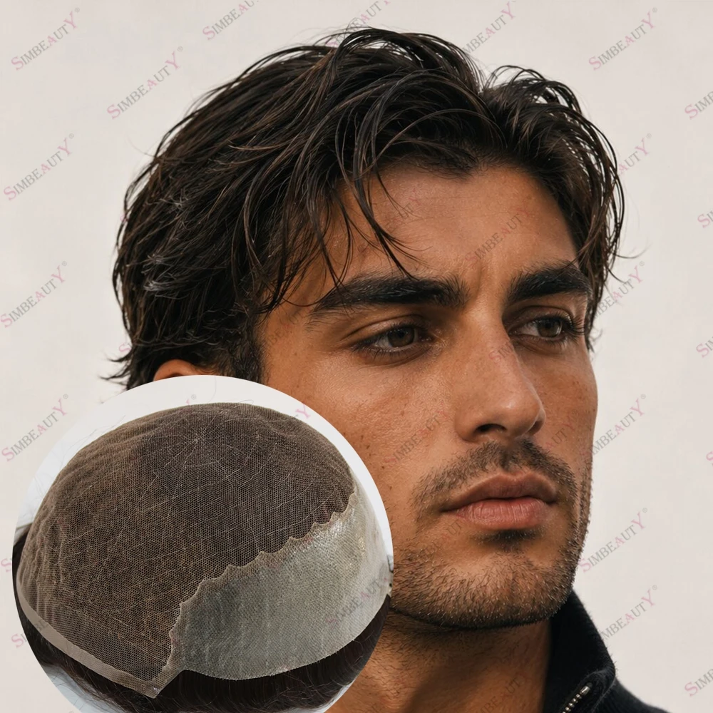 Breathable Lace&PU Q6 Natural Hairline Brown Human Hair Men's Toupee Bleached Knots 30mm Wave Natural Hair Prosthesis for Bald M