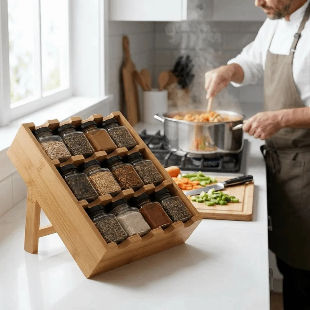 Wooden 12 Grids Spice Rack Large Capacity Space Saving Multi-Layer Condiment Rack with Storage Jars Spice Organizer for Storing