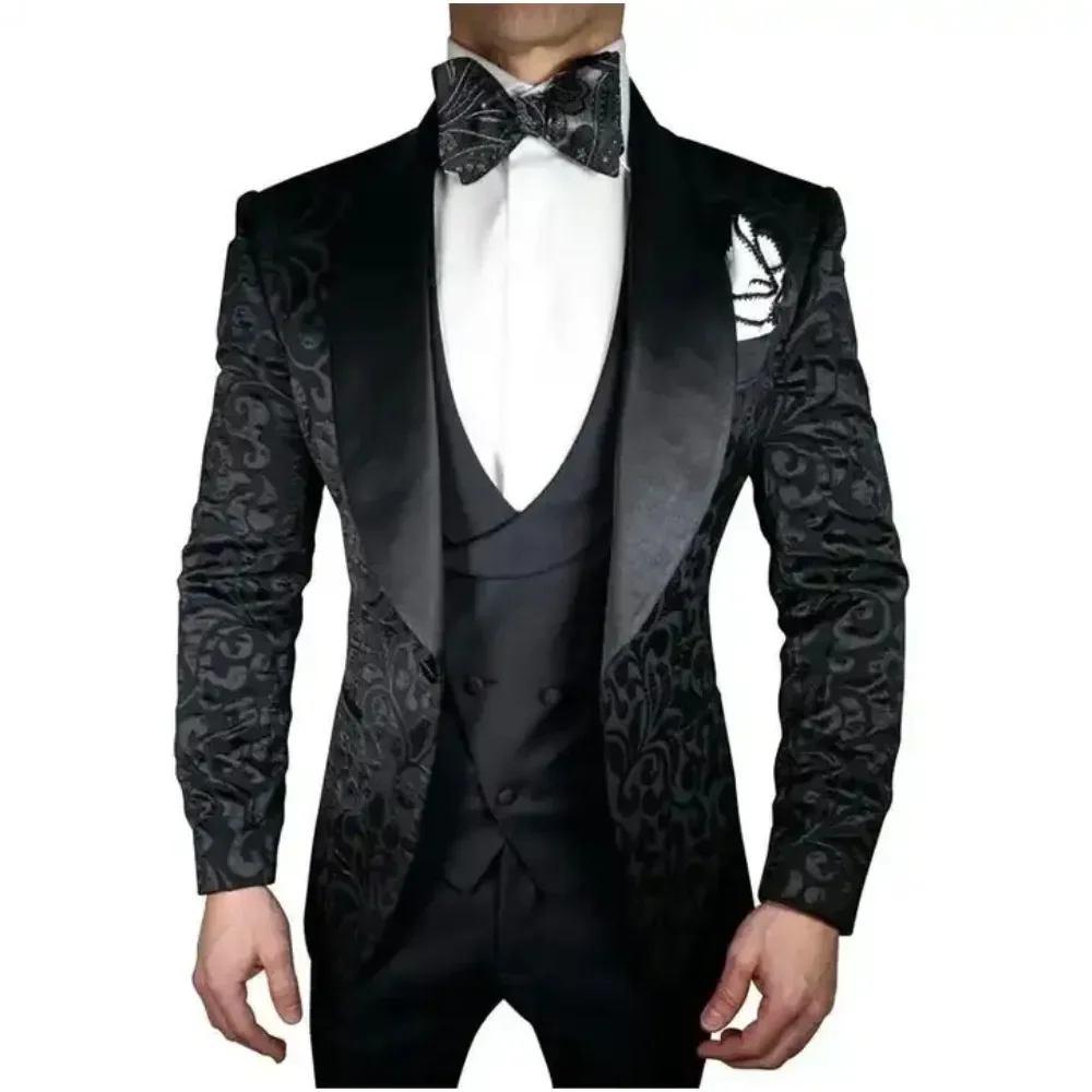 

Luxury Black Jacquard Men's Suits 3 Piece Jacket+Pants+Vest Groom Tuexdos Wedding Dress Formal Prom Party Blazers Costume Homme