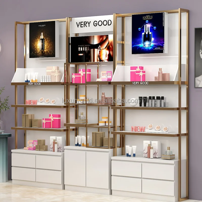 Aangepaste logo parfum muur display glazen flessen metallic parfum display plank supermarkt parfum display standaard