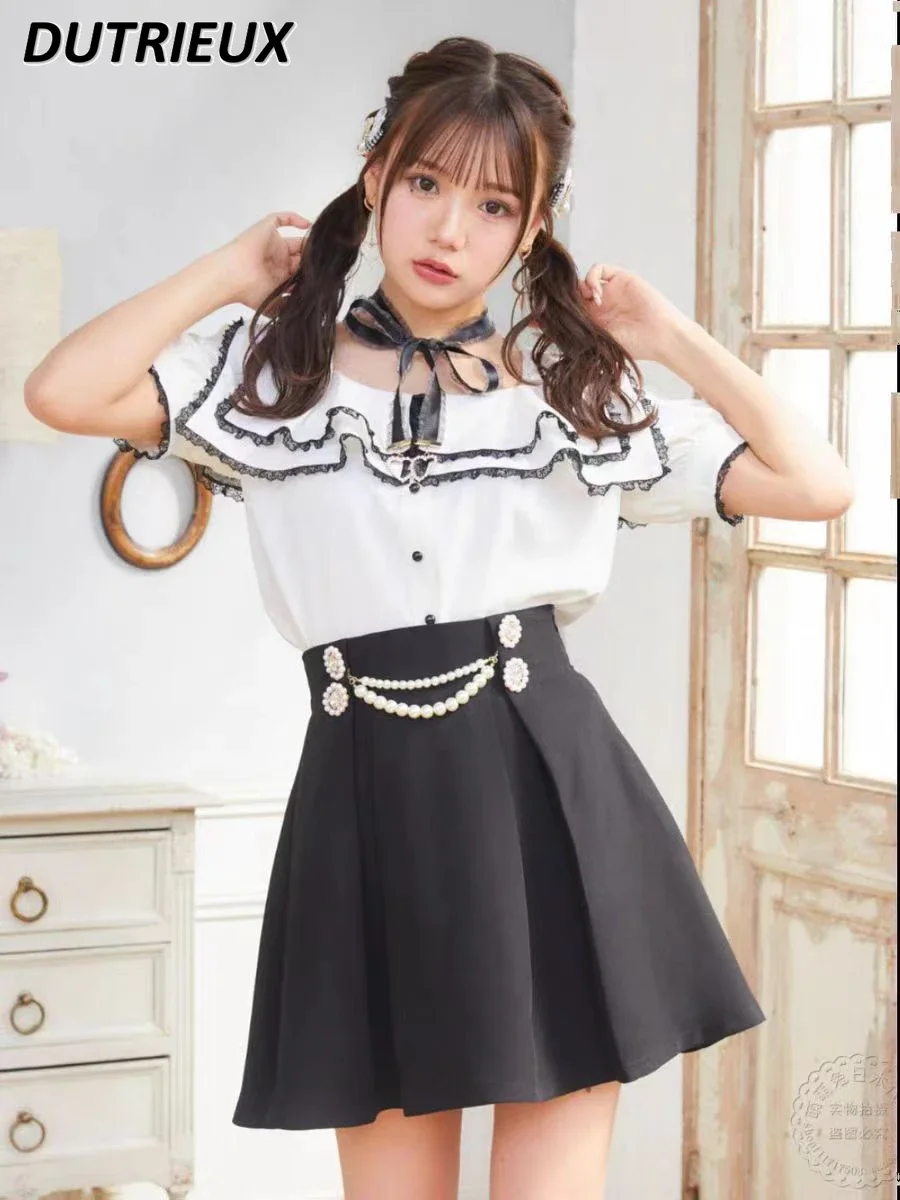 Rojita Mine Mass-produced Spring Summer Women's Tops Double-layer Square-neck Ruffle Short-sleeved Shirt Lolita Elegant Blouses