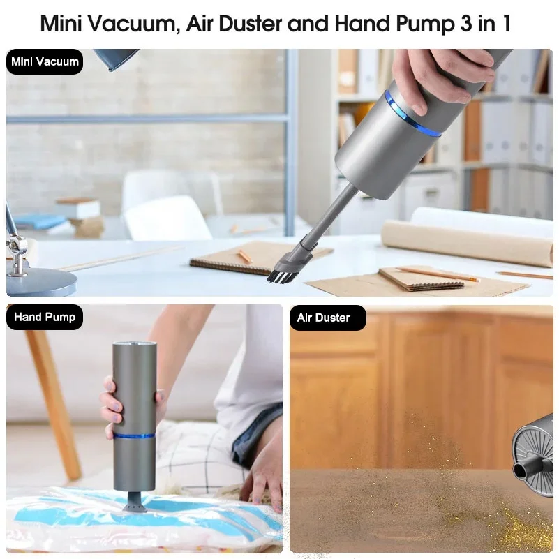 Cordless Handheld Vacuum, Air Duster And Hand Pump 3 In 1 USB Rechargeable Vac For Desktop Keyboard Drawer Car Interior Cleaning