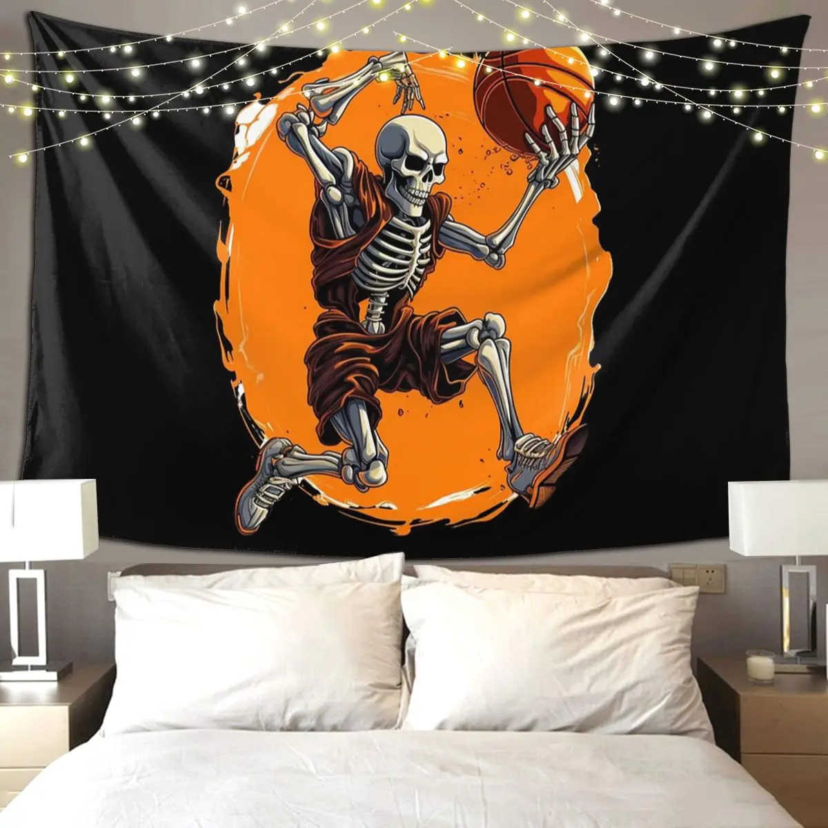 Skeleton Basketball Halloween Tapestry Funny Wall Hanging Aesthetic Home Decor Tapestries for Living Room Bedroom Dorm Room