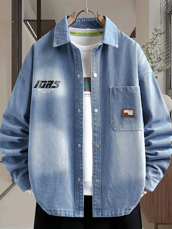 

Trendy Loose Fit Long Sve Collared Denim Jaet for Men Youth Casual Versatile Top Spring Autumn Faion Outerwear