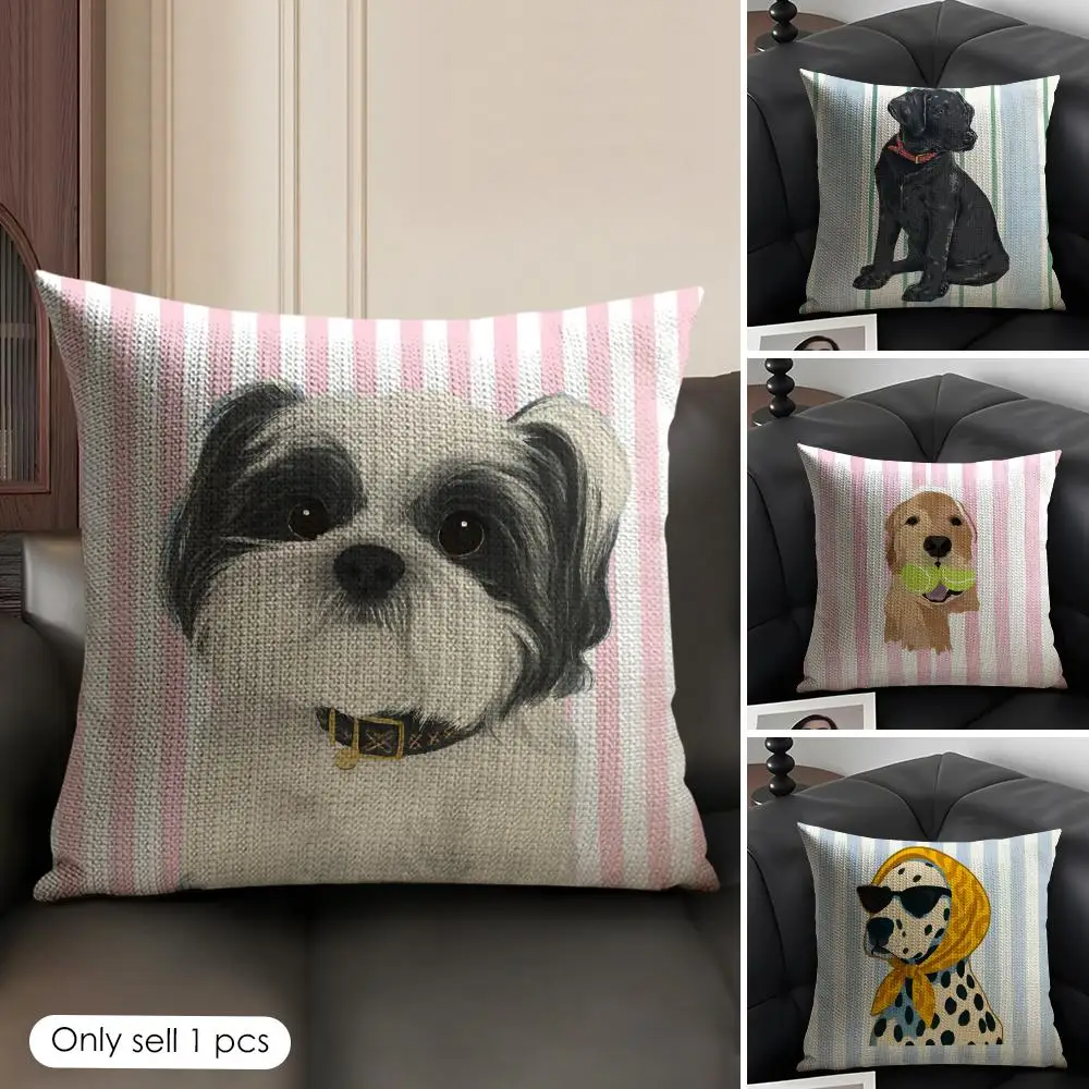 Simple Striped Marine Dog Cushion Cover Natural Linen Organic Fabric Double-Sided Printing Sofa Home Decor Gift Pillow Case