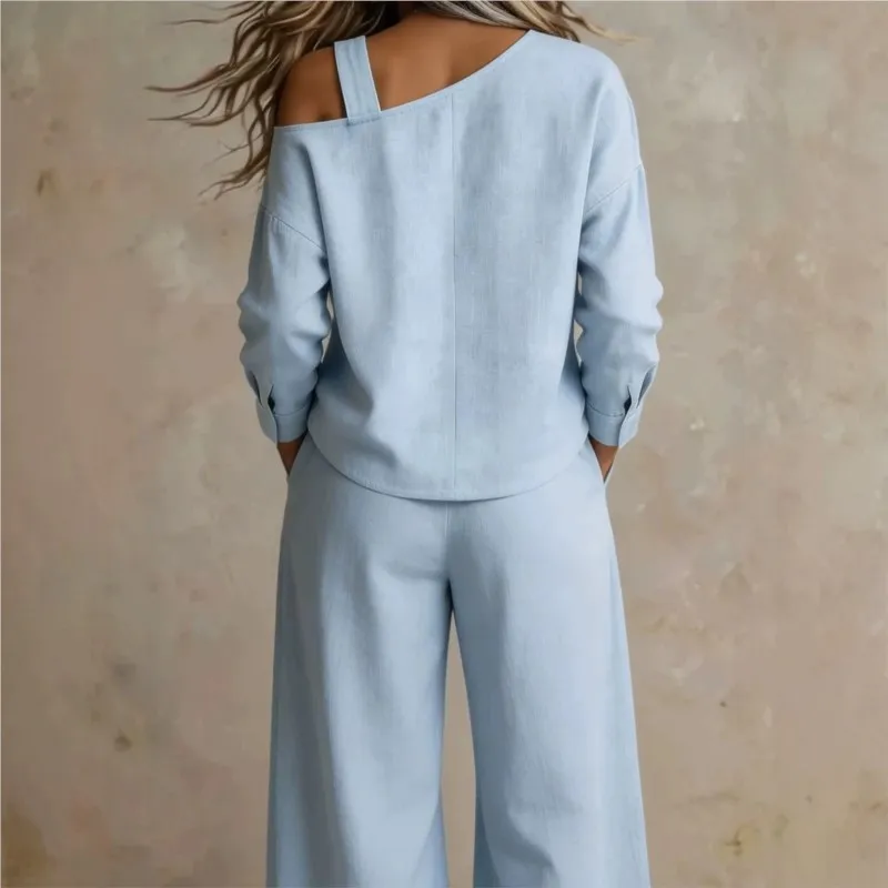 2026 New Autumn/Winter Women's Pants Set With Diagonal Shoulder Solid Color Casual Loose Fashionable Versatile Simple Pants Set