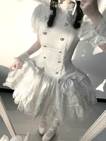 French Romantic Lolita Dress Spring Summer New Gothic Stripe Elegant Big Bow Lace High Neck Waist Cinching Tiered Cake Dress Y2k 5