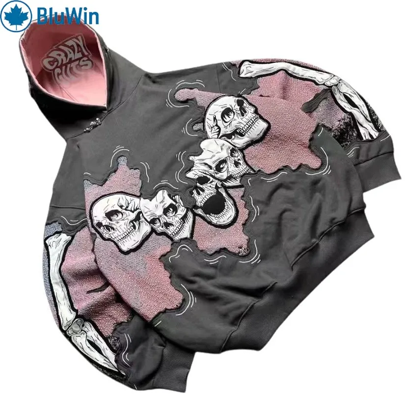 BluWin Y2K Streetwear Skull Print Hoodie for Men Women Oversized Hip Hop Pullover Sweatshirt