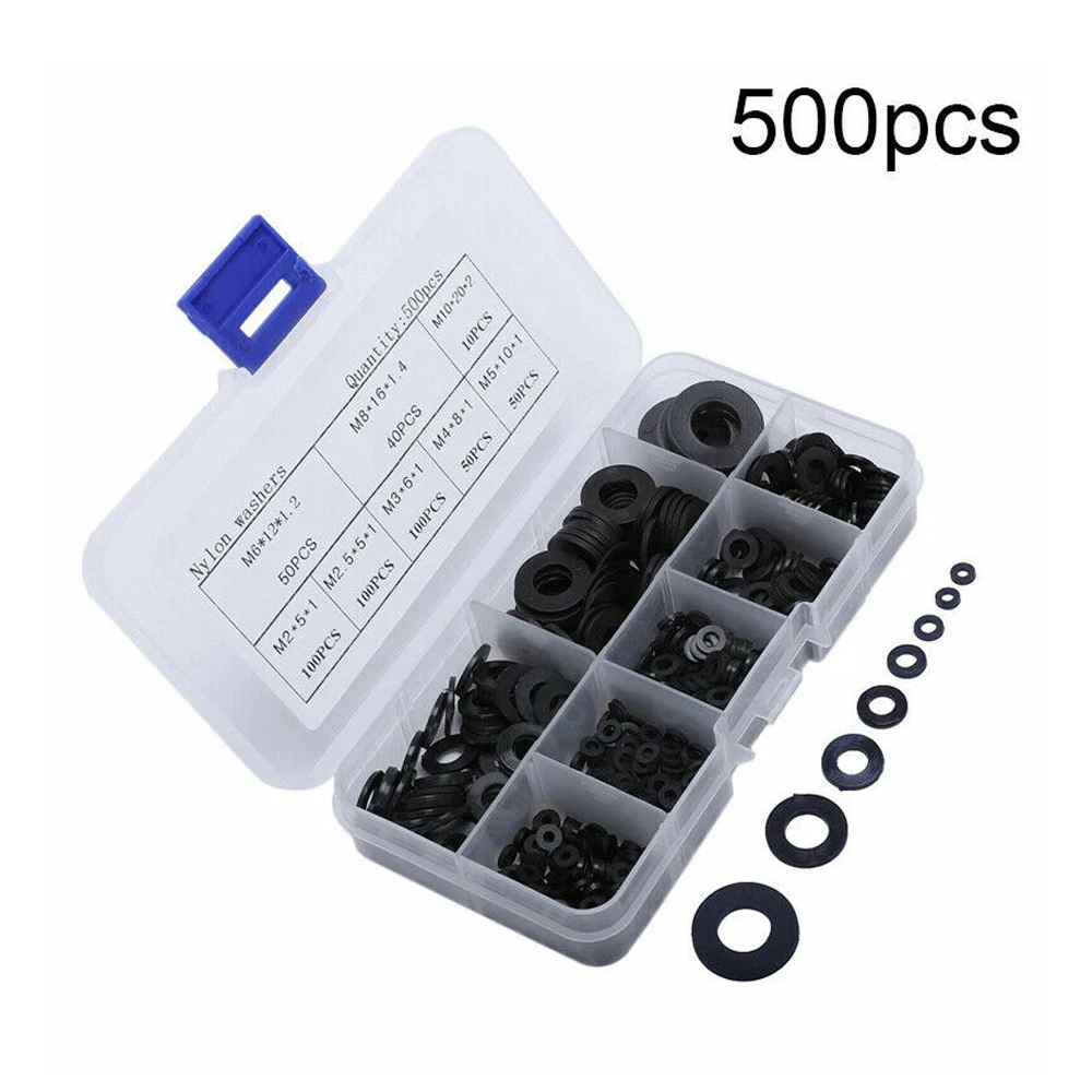 500 Stück flache Unterlegscheiben, Nylon-Gummiringe, einfaches Reparaturdichtungs-Sortiment, M2-M10-Set, selbstspannendes Design – Detail 4