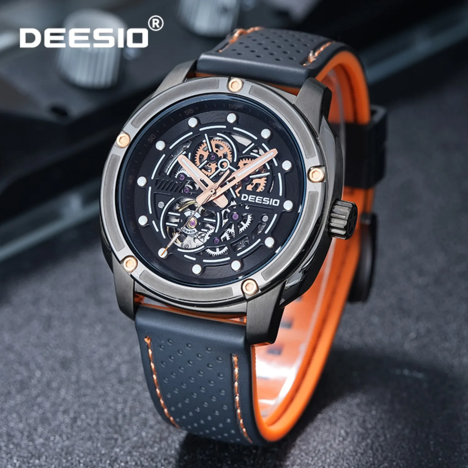 Deesio Luxury Business Men's Automatic Skeleton Watch Stainless Steel Dial with Luminous Features Water-Resistant Chronograph