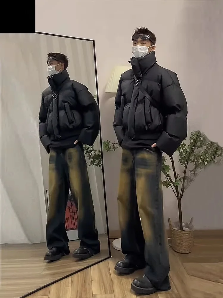 

Cleanfit ort PU Leather down Cotton Jaet Men Winter High Collar Bread Sle Thi Outerwear Youth Faion Polyester Cotton