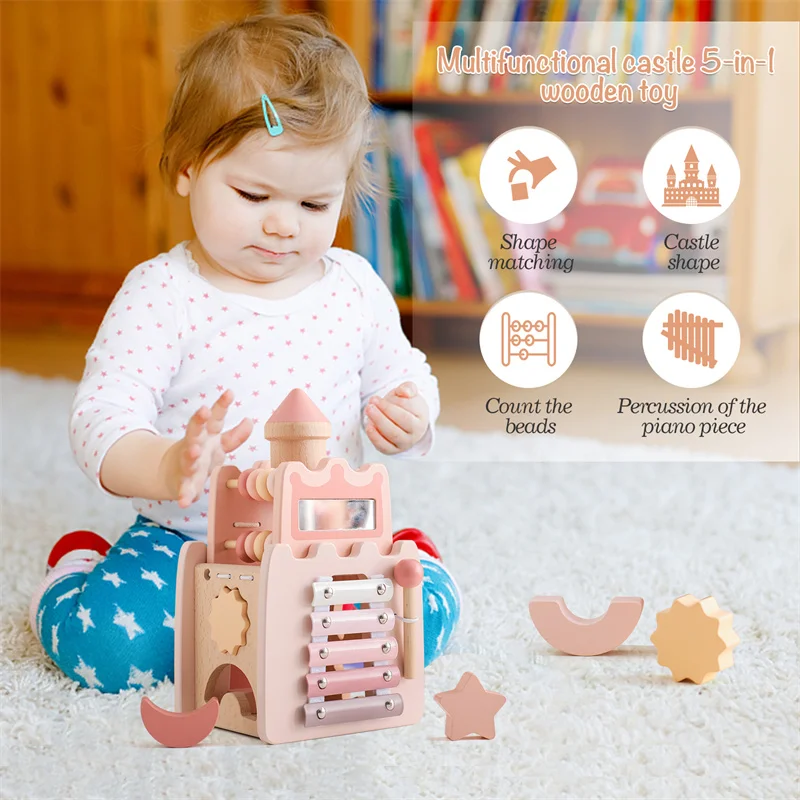 Baby Wooden Castle Five in One Toys Multifunctional Percussion Instruments Drum Eight Tone Piano Montessori Toys Birthday Gifts