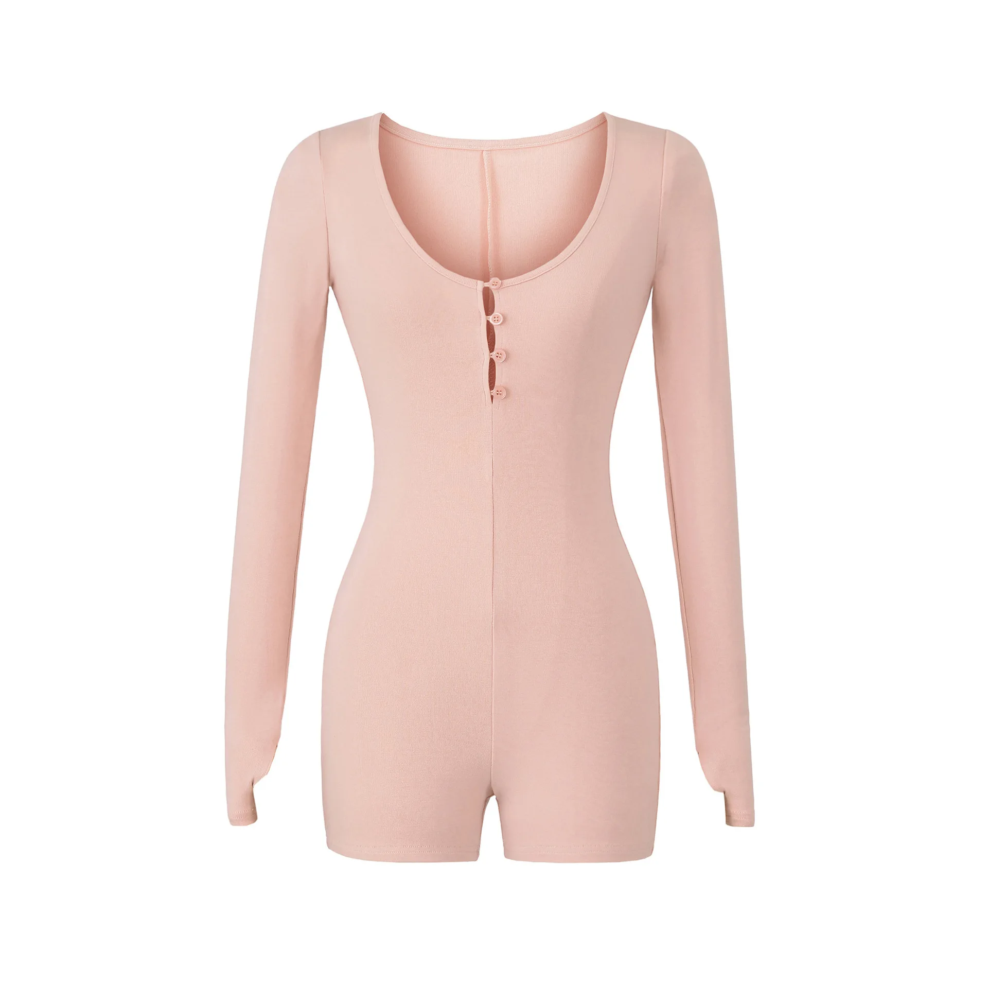 Jumpsuit bodysuit wanita lengan panjang berkancing pendek