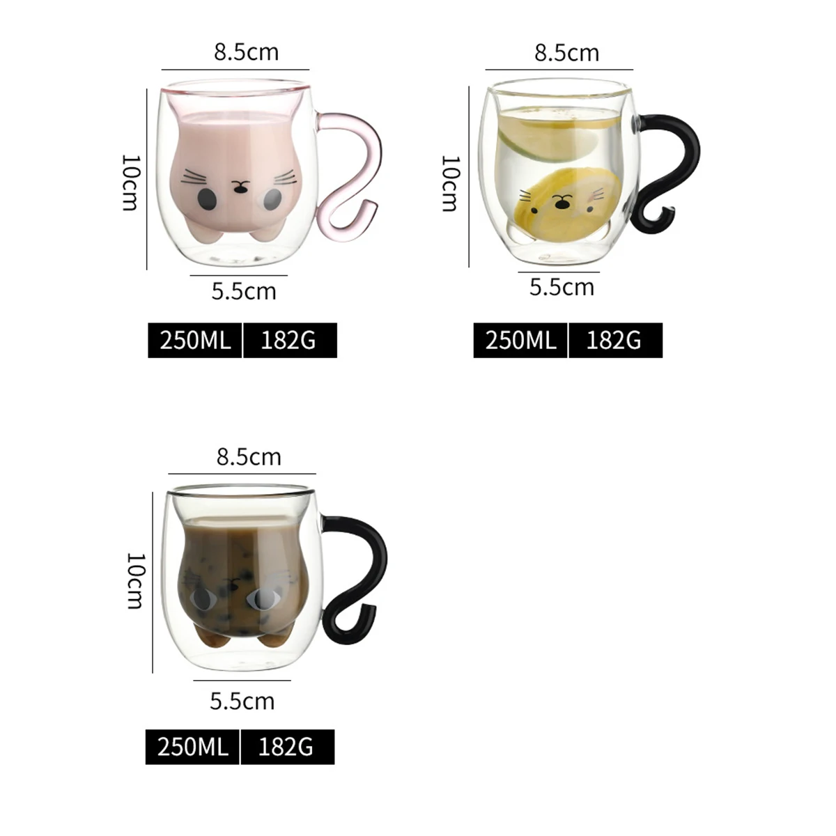 (Can Engrave Logo) 250ml Kitten Water Cup, Heat-Resistant Double-Wall Glass, Milk Cup, Home Coffee Mug, Couple's Breakfast Cup