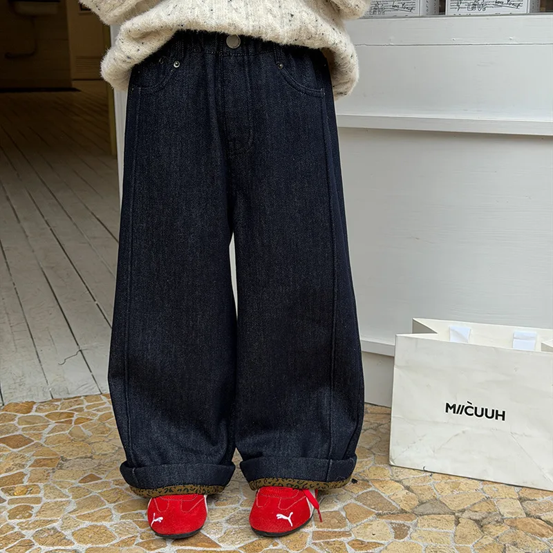 Korean Style Kids Pants 2025 Winter New Arrival Medium and Small Girls Fashionable and Exquisite Leopard Print Cuffed Jeans
