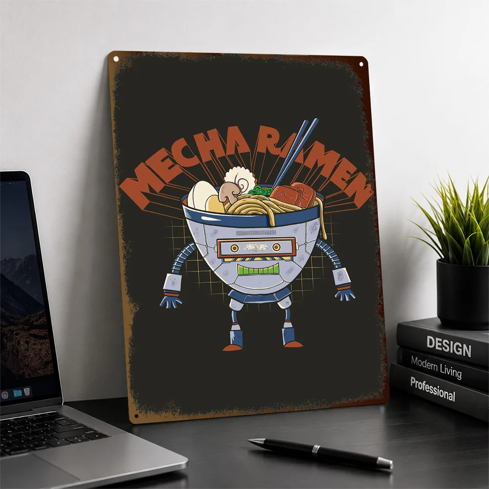 Mecha Ramen Bowl Robot Printed Poster Retro Illustrated Wall Art For Kitchen Personalized Aluminum Metal Sign Housewarming Gift