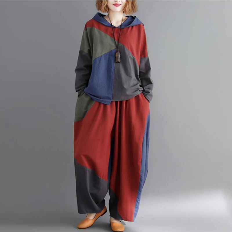 2 Piece Sets Women Casual Pant Suits New 2024 Autumn Vintage Style Patchwork Color Female Hooded Pullover And Harem Pants