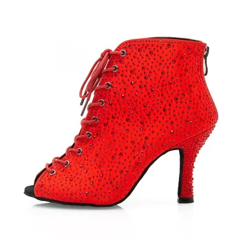 Mulheres botas de dança latina 8cm sapatos de salsa de salão strass sapatos de dança de salsa latina vermelho clube festa sapatos de dança de salão botas
