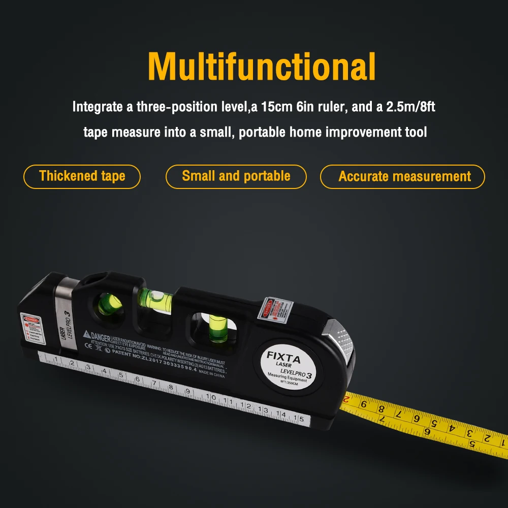 4 In 1 Multipurpose Laser Level Line Tool Laser Measure Line Cross 8ft+ Measure Tape Ruler Adjusted Standard and Metric Rulers