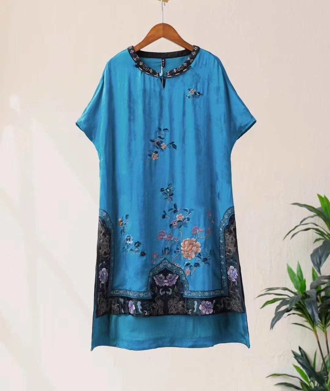 Chinese style summer dresses Peacock blue natural Silk linen Short sleeve long dresses Vintage loose embroidery long tops