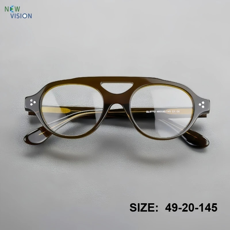 New Double Beam Glasses for Men Handmade Retro Fashion Round Acetate Eyeglasses Frame Classic Women Myopia Prescription Eyewear