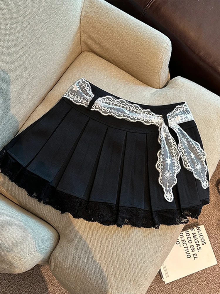 2025 Nowa damska słodka koronkowa koronkowa spódnica z wysokim stanem plisowana mini półspódnica koronkowy pasek Y2K Pure Desire Girl Short Skirt