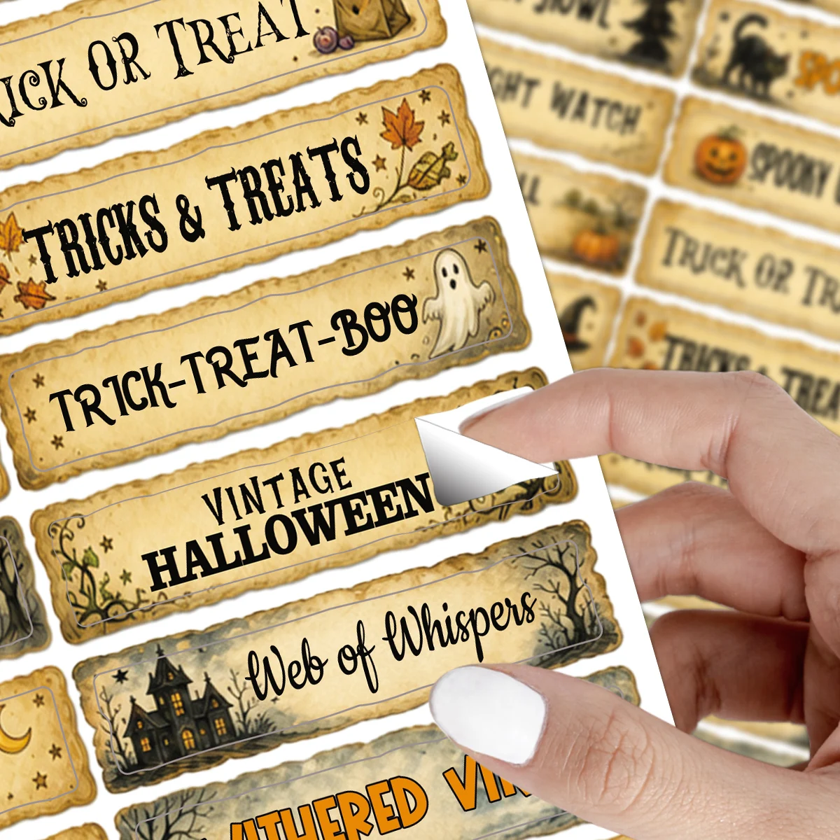 2 Blätter - 40 Stück Vintage-Halloween-Phrasen-Aufkleber, „Trick or Treat“-Geschenkverpackungsetiketten, Scrapbooking-Zubehör, Halloween-Party-Geschenk