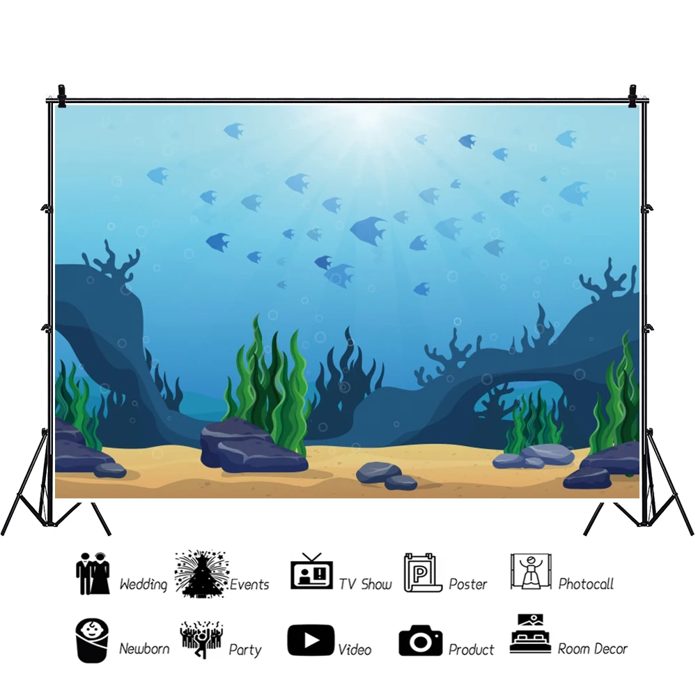 Underwater World Marine Animal Party Banner Baby Shower Background Fish Seahorse Shell Coral Photo Photocall Backdrop