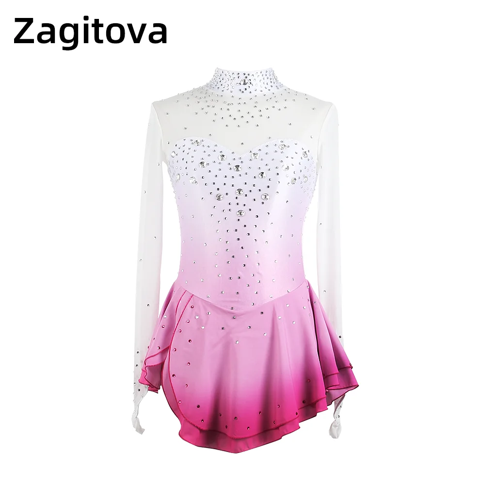 Zagitova Figure Skating Dress Women Girls Ice Skating Skirt Performance Competition Pink Gradient Kosten