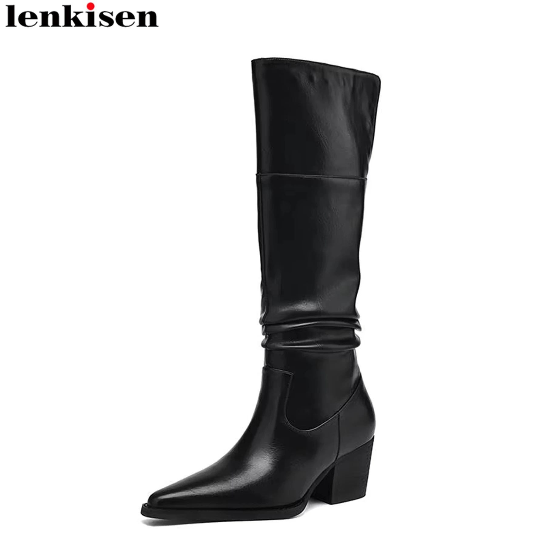 Plus Size Cow Split Skin High Heels Pointed Toe Retro Pleated Western Boots Casual Warm Winter Lycra Rivets Women Mid-calf Boots