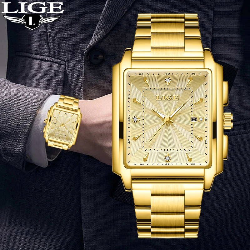 LIGE Fashion Luxury Quartz Man Watch Business Diamond Waterproof Luminous Wristwatches for Men Steel Belt Relogios Masculino+Box