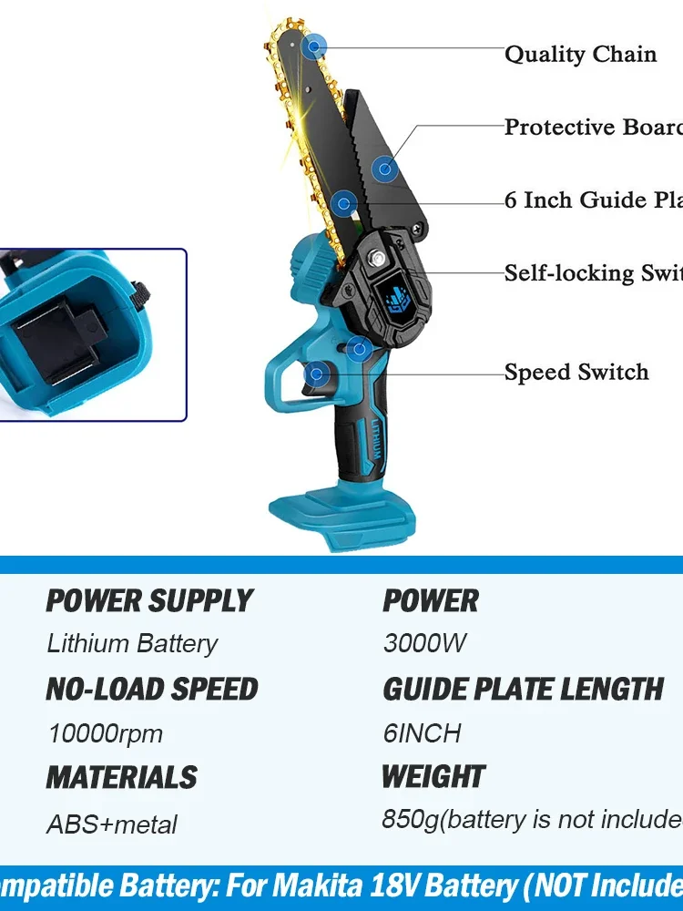 3000W 6 Inch Electric Chainsaw for Makita 18V Battery Rechargeable Mini Woodworking Cutter Hacksaw Garden Power Tools