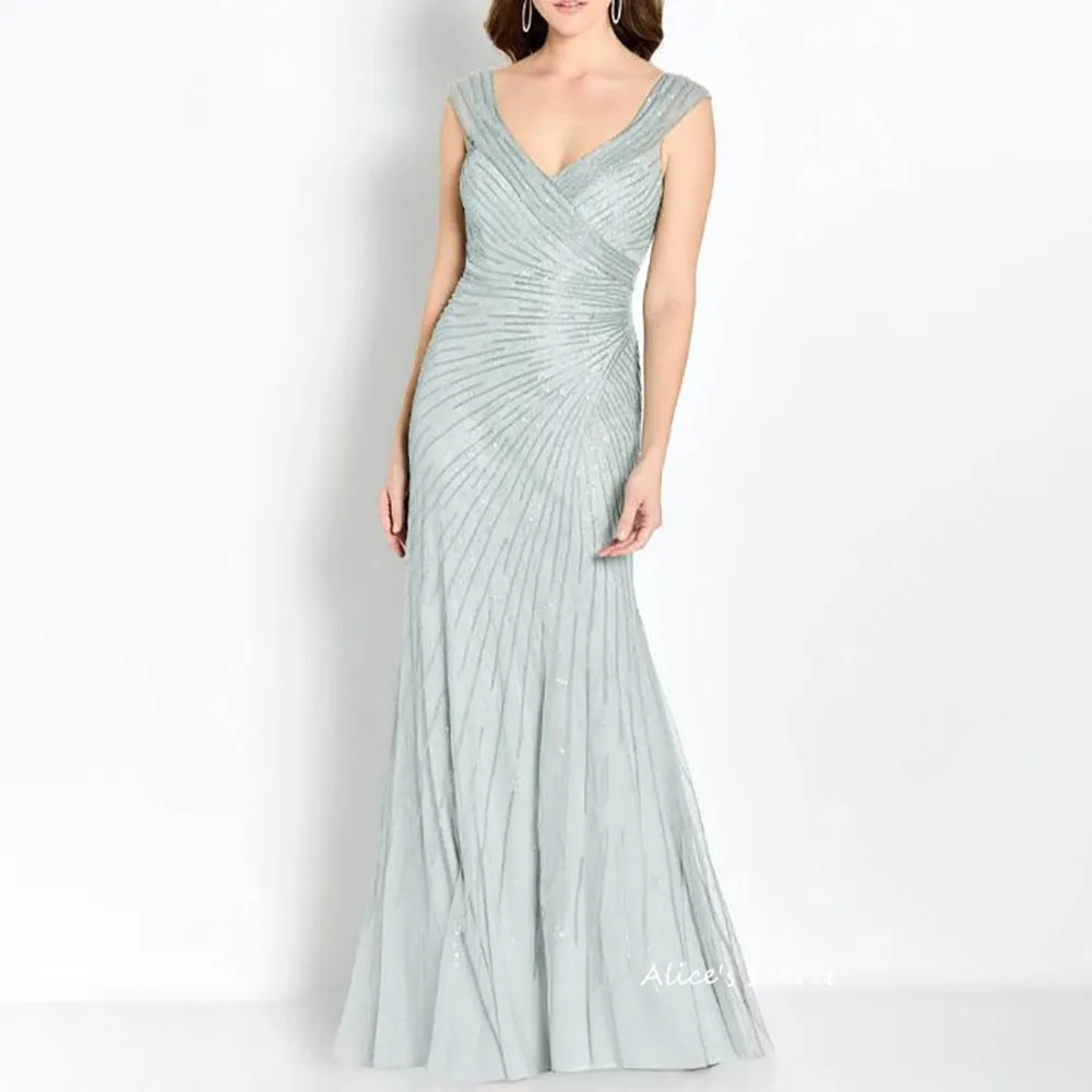 Sheath Tulle Sequin V Neck Cap Sleeves V-Open Back Zipper Closure Brush Train Prom Evening Dress