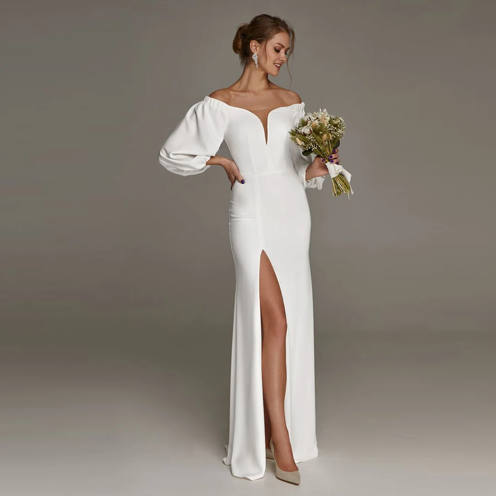 Simple Wedding Dress Off Shoulder Slit Civil Bridal Gown V Neck Floor Length 3/4 Sleeve Zipper Back Beach Vestido De Novia 2024