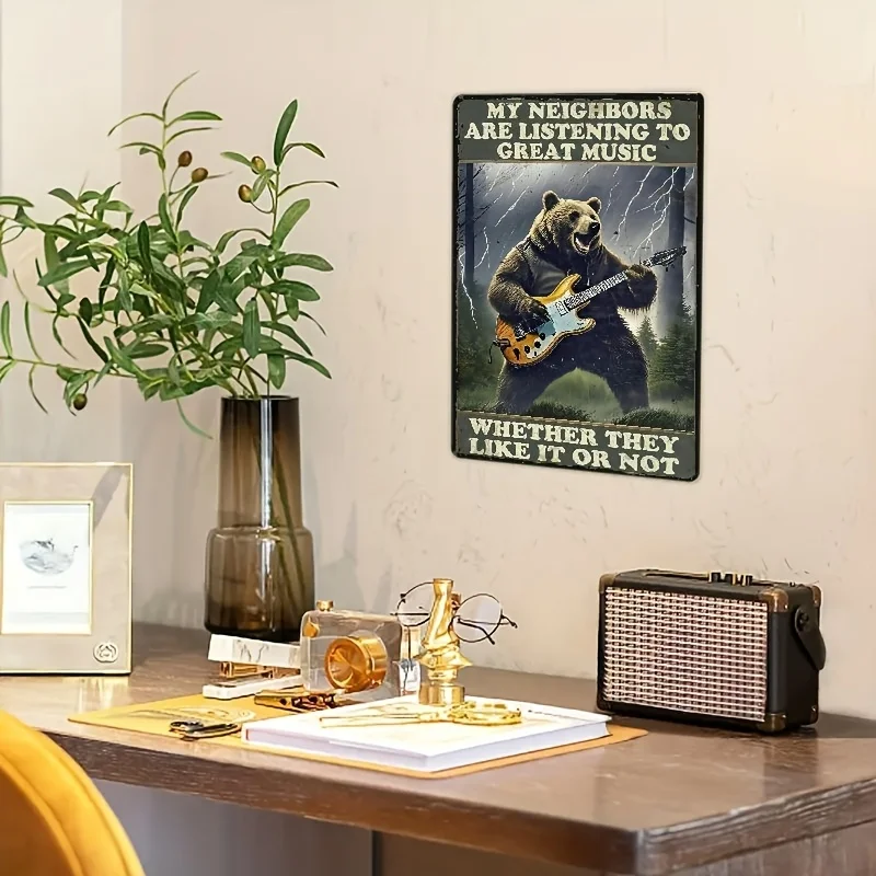 Funny Bear Playing Guitar Retro Metal - Vintage Music Decor with 