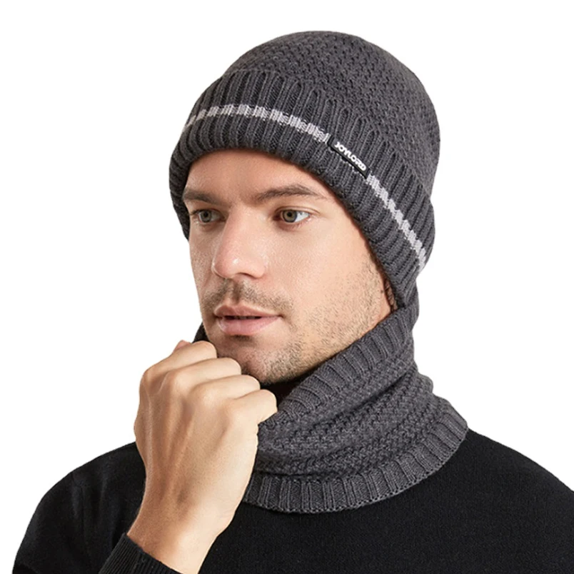 Conjunto de gorro de punto de lana Simple, cuello de bufanda a rayas, cubierta térmica para exteriores, gorro de cabeza, forro polar grueso,