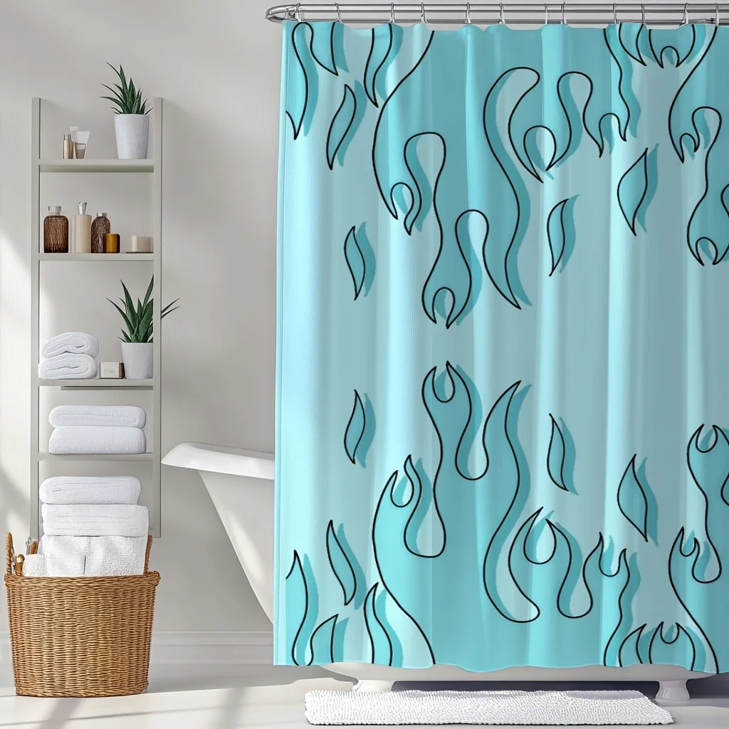 

1pc Shower Curtain Set - Blue Flame Digital Print Art Pattern, Washable Polyester Material with Hooks, Perfect Bathroom Decor