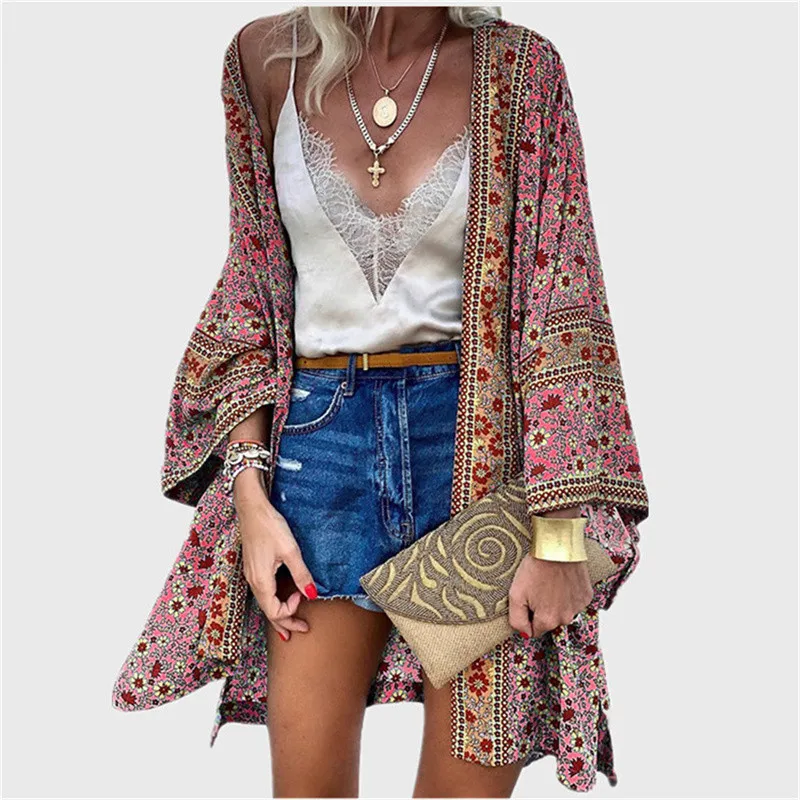 Summer Floral Printed Beach Cover Up Tops Bohemian Kimono Women Long Sleeve Cardigan Casual Loose Holiday Blouse Shirt Cover Up