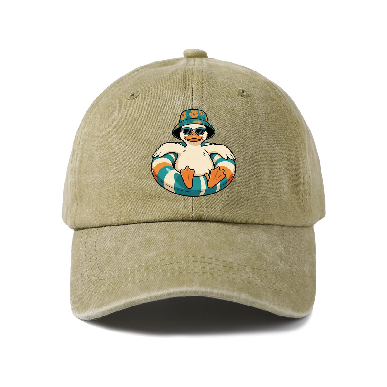 Vintage Washed Baseball Cap with Duck in Pool Float Graphic, Adjustable Unisex Dad Hat, Streetwear Gift