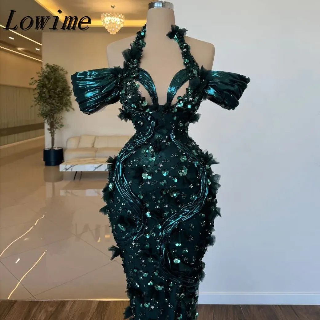 

Lowime Women's Green Handmade Beadings Halter Neck Prom Dress Sexy Aso Ebi Celebrity Style for Formal Events 2025