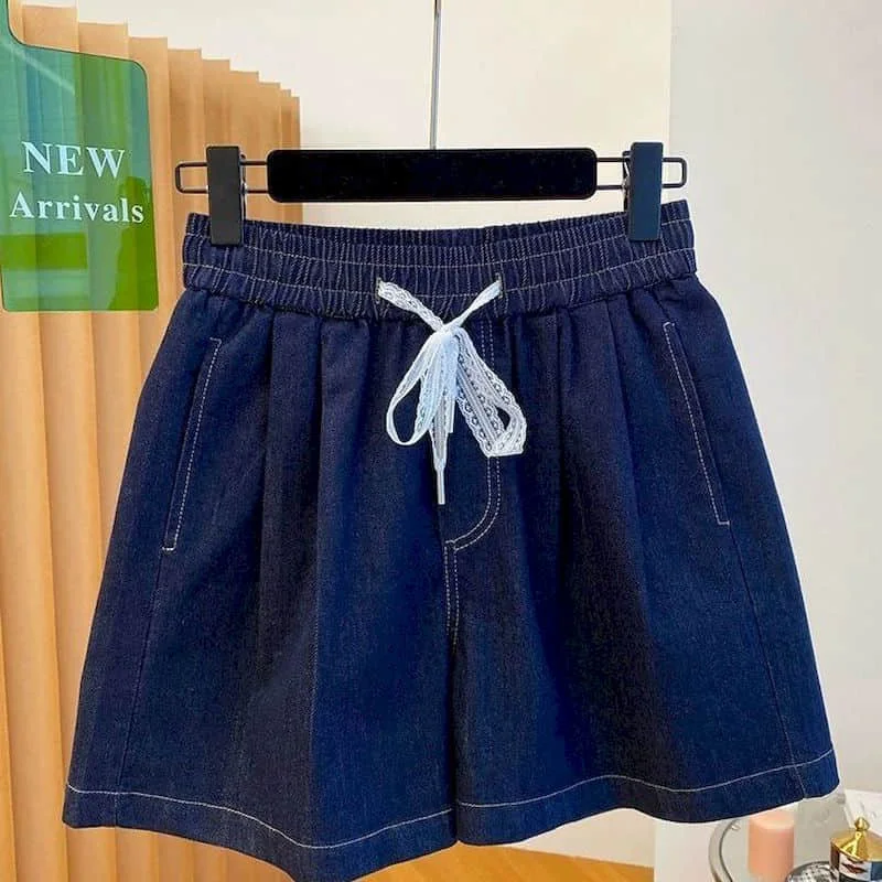 

Denim Shorts 2026 Summer Lace Drawstring Vintage A-line Elastic Waisted Wide Leg Pants Casual Cargo Jeans Loose Women Clothing