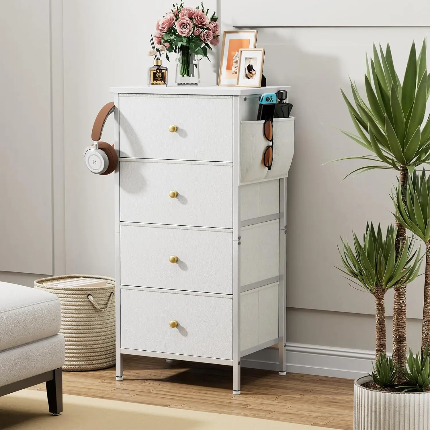 

Tall Dresser with 4 Drawers,White Dresser for Bedroom, Tall Storage Tower for Closet,Nursery, Dorm, Dresser Organizer with Frame