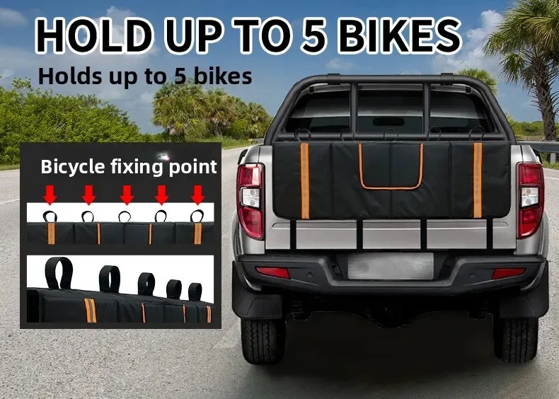 Heckklappenpolster für Mountainbikes, Pickup-Truck, Heckklappen-Schutzpolster mit 3 Werkzeugtaschen, 52 Zoll breit, für 5 Fahrräder – Detail 8