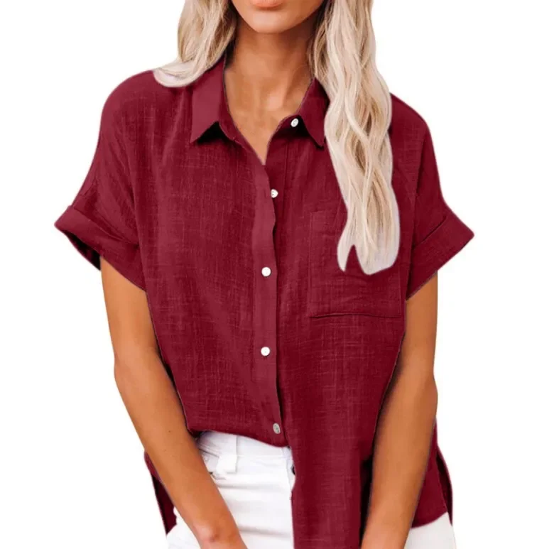 High-quality new women\'s new European and American women\'s solid color linen shirt short-sleeved casual loose shirt female