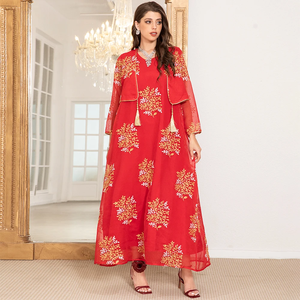 Fridayin Muslim Ramadan Elegant V Neck Floral Jacquard Embroidery Fake Two Piece Regular Sleeve Fashionable Arabian Long Dress