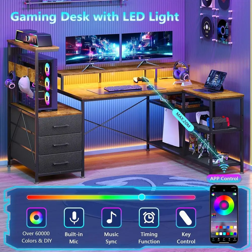 L-Shaped Gaming Desk with Drawers, Storage, Power Outlets, LED Lighting, and Monitor Stand in Rustic Brown view 4