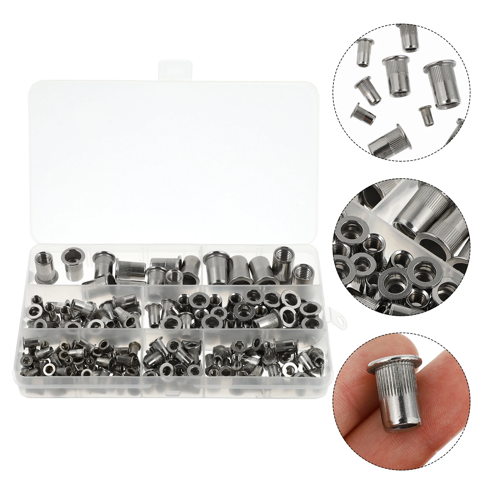 

165pcs Stainless Steel Rivet Nut Kit Threaded Inserts Flat Head Repair Fasteners Sturdy Nuts Assortment Tool