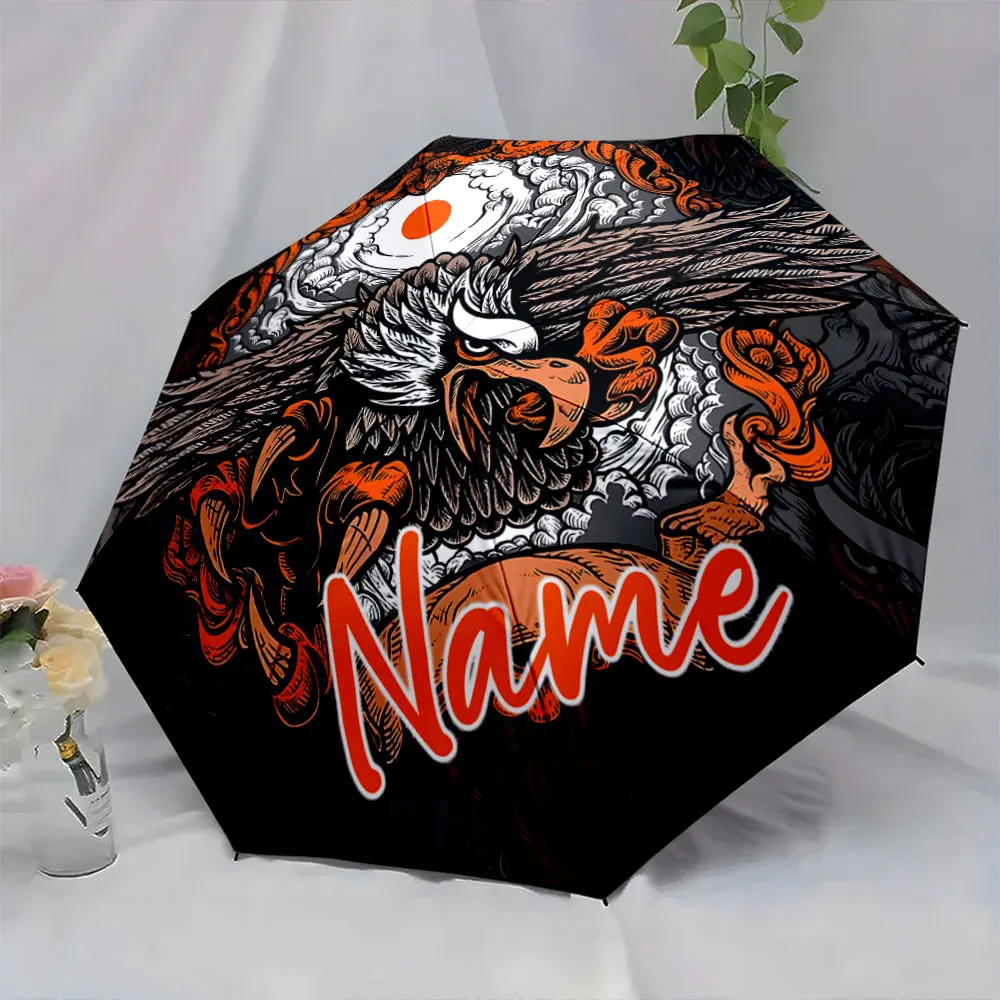 Custom Name Umbrella Artistic Eagle Design on Umbrella Print 8 Iron Ribs Folding Umbrella Auto-Open Fashion Sunshade