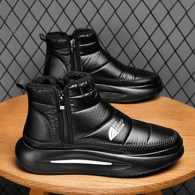 

Зимние кожаные ботинки для мужчин на платформе, черная зимняя обувь на молнии, мужская непромокаемая модная меховая распродажа, хлопковая обувь, уличная походная флисовая обувь